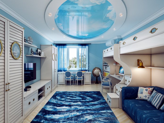 a two-level ceiling on a plasterboard structure imitates a clear sky