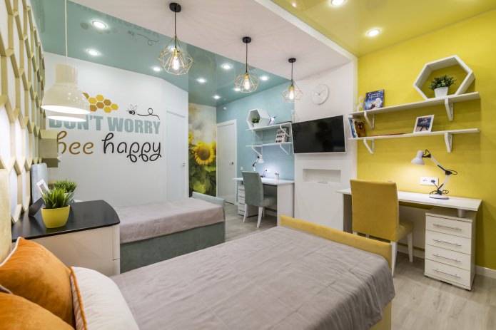 turquoise and yellow ceiling in the nursery