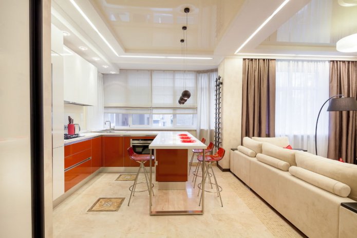 two-level ceiling in the kitchen-living room