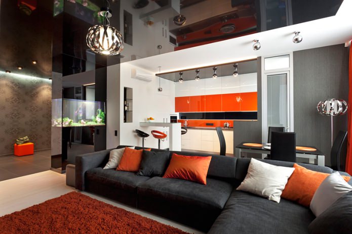 black ceiling in the living room