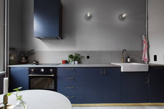 gray apron in a blue kitchen