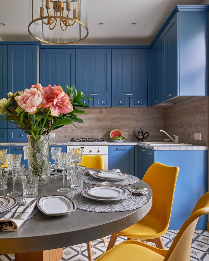 yellow and blue kitchen