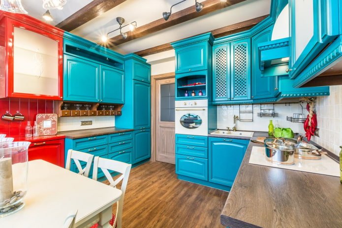 blue and red kitchen