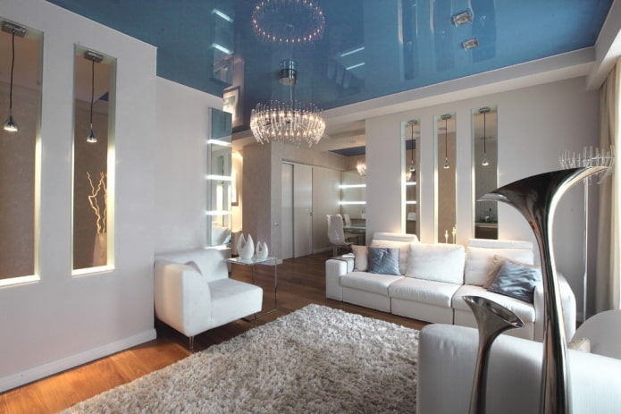 blue stretch ceiling in the living room