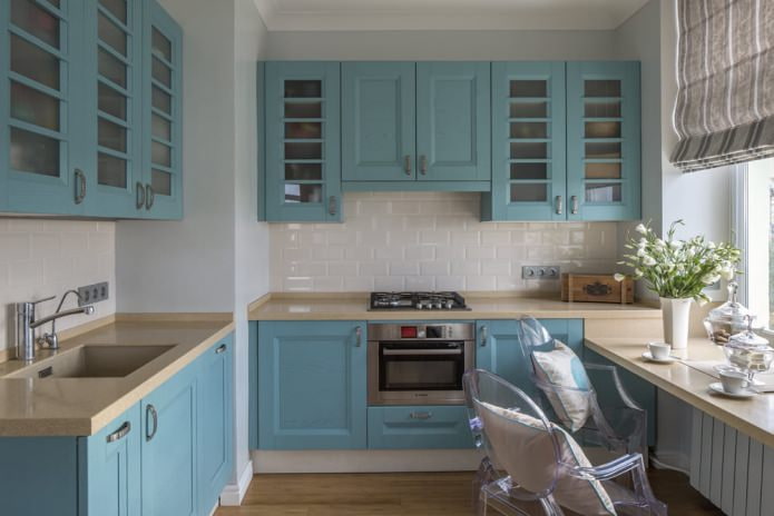 kitchen with a blue set