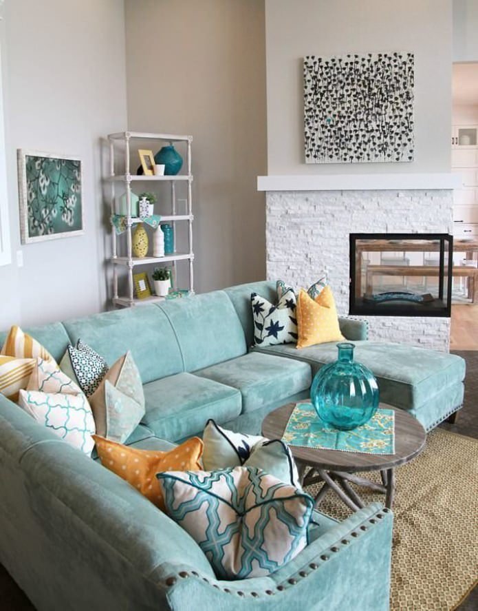 blue sofa in the living room interior