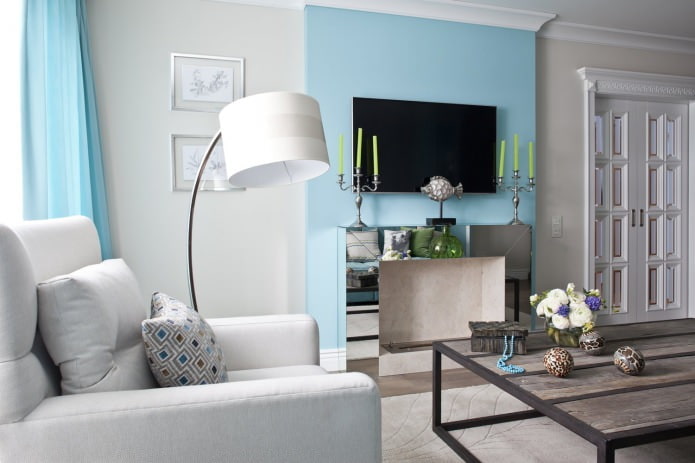 Blue color in the living room interior