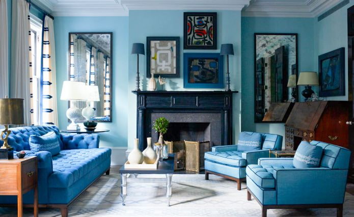 Blue and light blue living room interior with fireplace