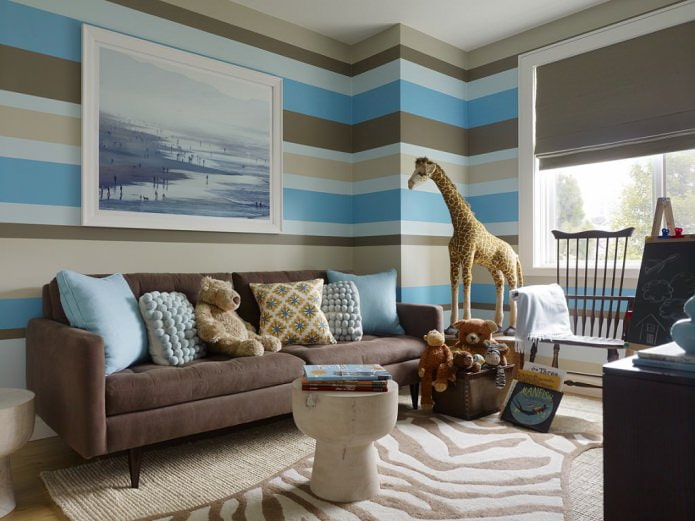 Brown and blue children's room interior with striped wallpaper