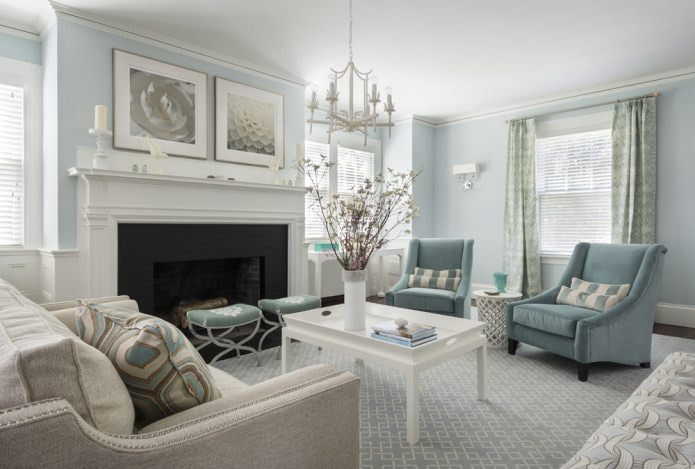 Blue color in the living room interior in a classic style