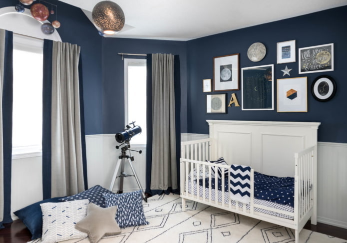 blue and white interior of a children's room