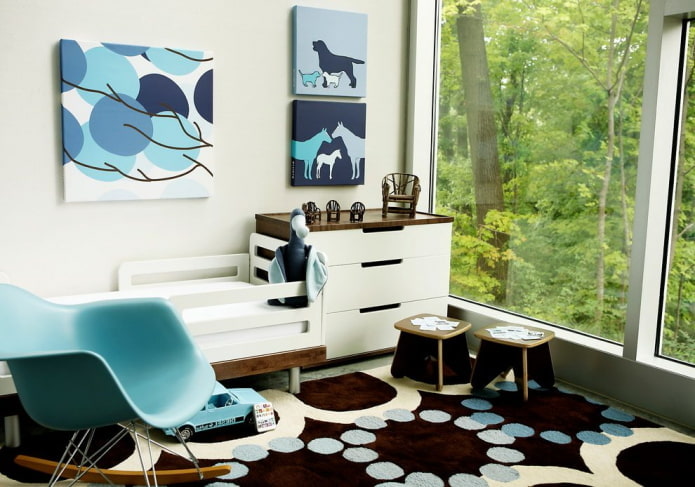 brown and blue interior of a children's room