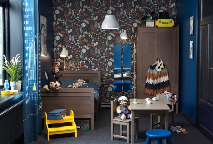 brown and blue interior of a children's room