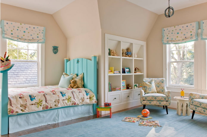 beige and blue interior of the children's room