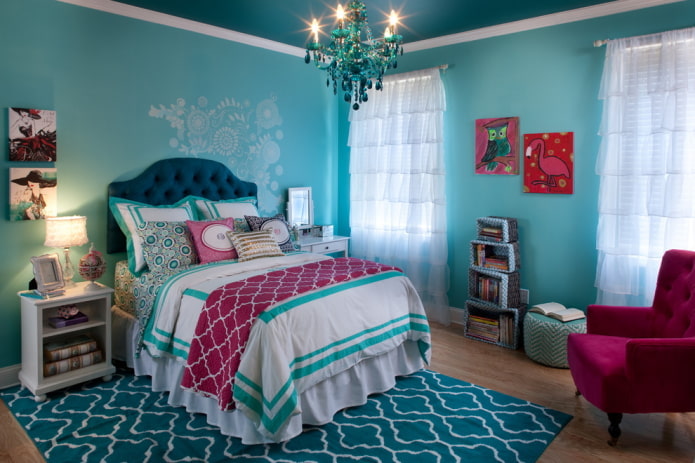 textiles and decor in the interior of a children's room in blue tones