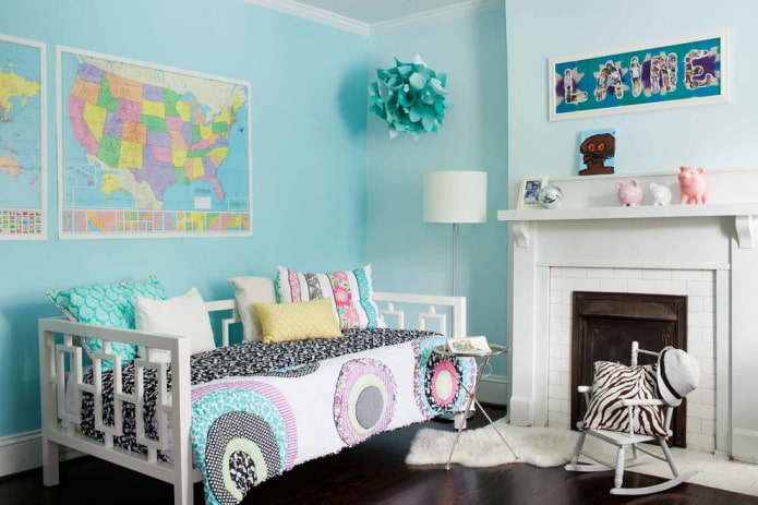 textiles and decor in the interior of a children's room in blue tones