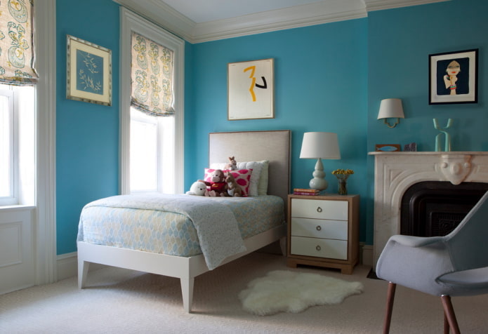 decoration in the interior of a children's room in blue tones