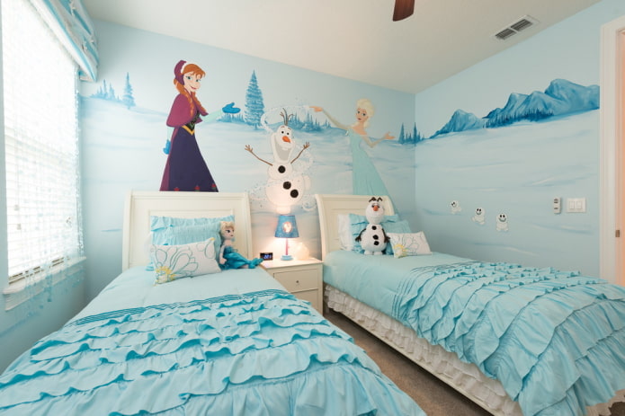 decoration in the interior of a children's room in blue tones