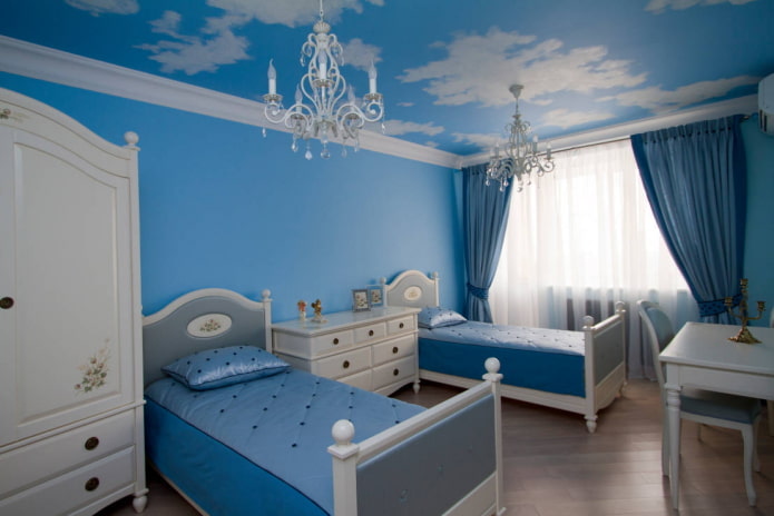 decoration in the interior of a children's room in blue tones