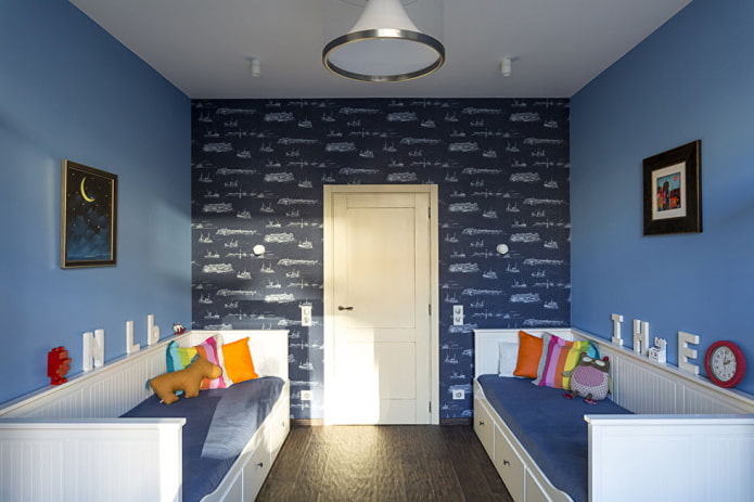 decoration in the interior of a children's room in blue tones