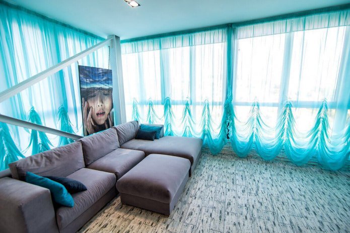 Austrian curtains of turquoise color