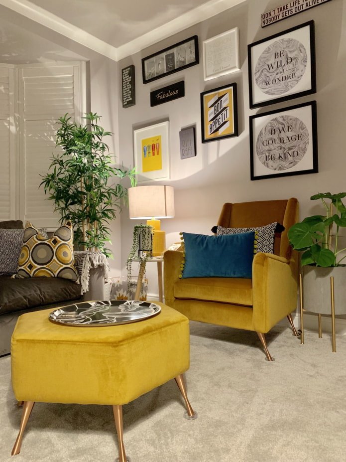 bright armchair with a pouf in the living room