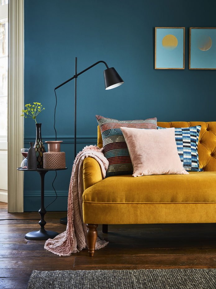 mustard sofa in the living room