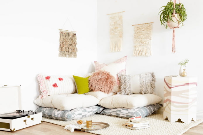A sofa made of pillows