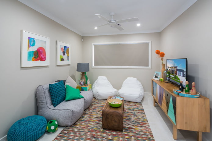 Bean Bags in a Living Room with a TV