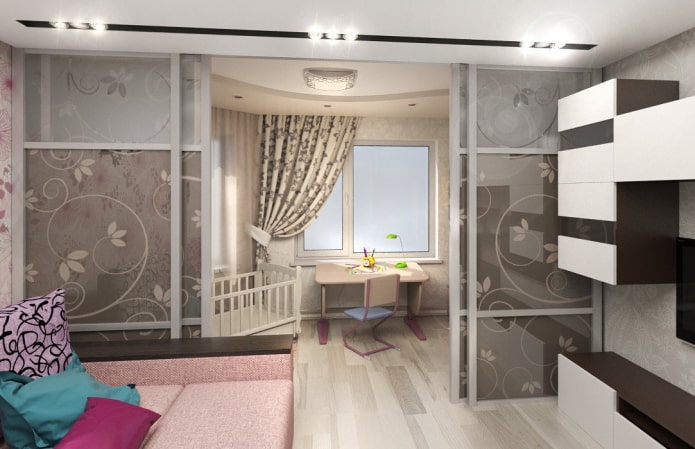 interior of a small living room combined with a children's room