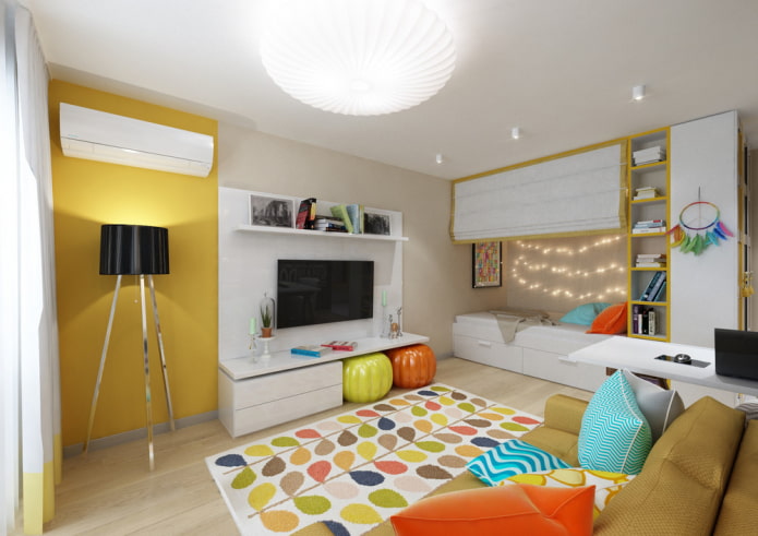 interior of a small living room combined with a children's room