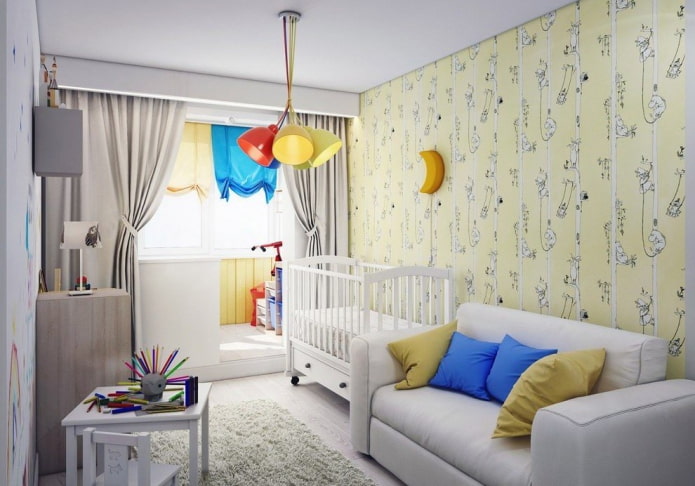 interior of a small living room combined with a children's room