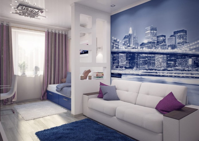 interior of a small living room combined with a children's room