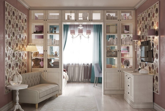 interior of a small living room combined with a children's room
