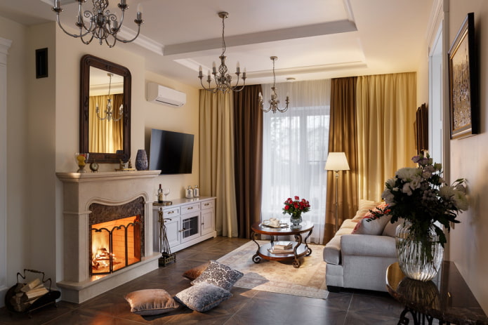 wood-burning fireplace and TV in the living room interior