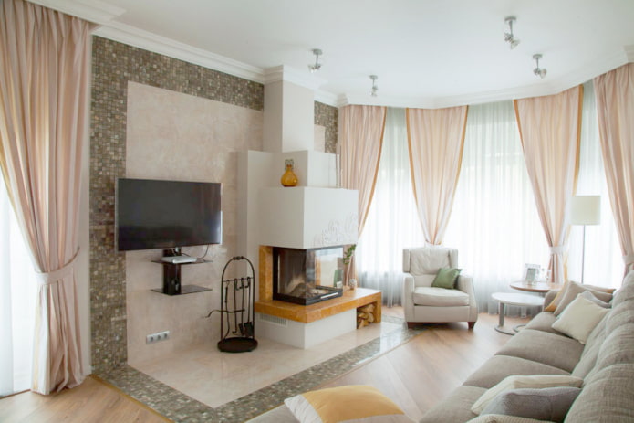 wood-burning fireplace and TV in the living room interior