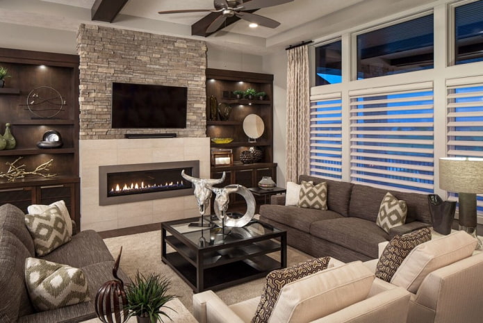 electric fireplace and TV in the living room interior