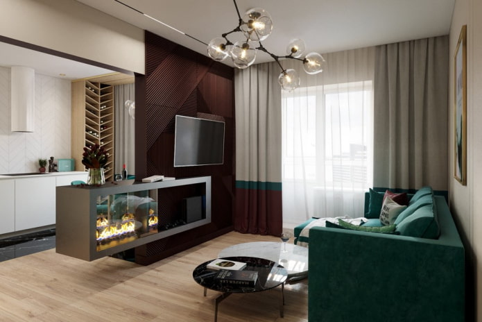 fireplace and TV in the interior of the living room in the apartment