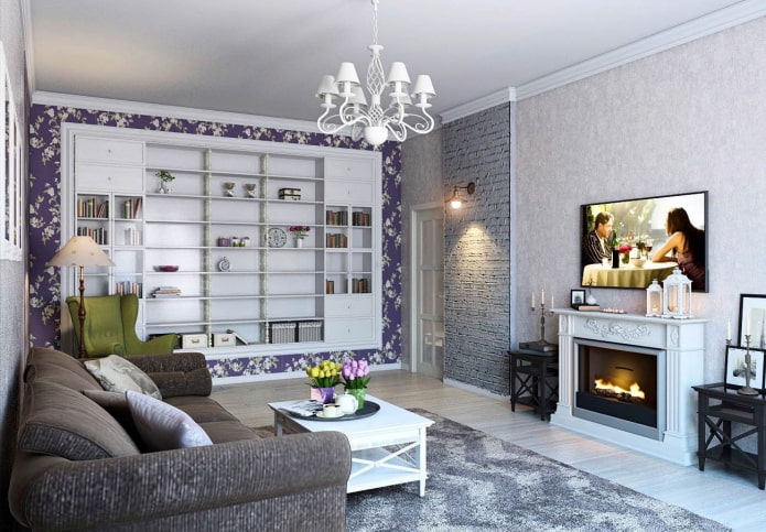 fireplace and TV in the living room interior in Provence style