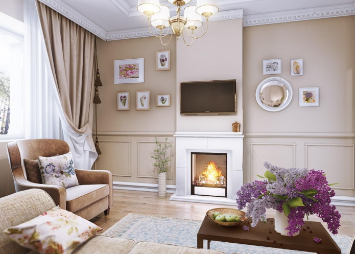 fireplace and TV in the living room interior in Provence style
