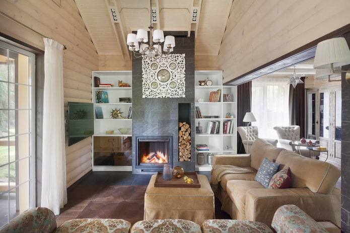 fireplace and TV in the interior of the living room in a country house