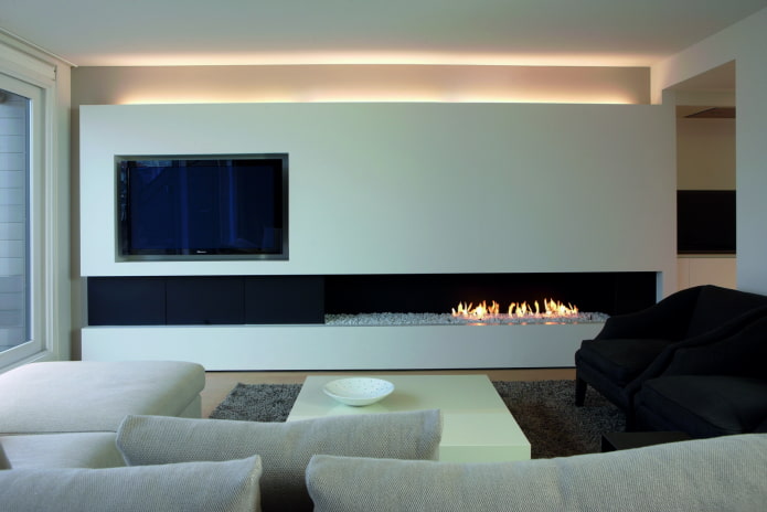 fireplace and TV in the living room interior in a minimalist style