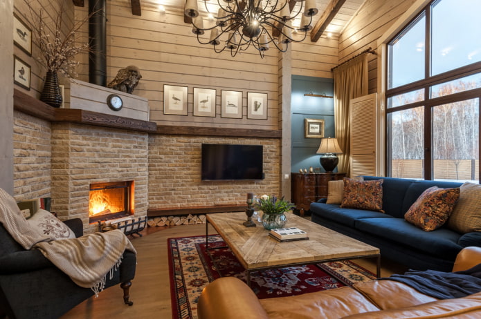fireplace and TV in the living room interior in the country style
