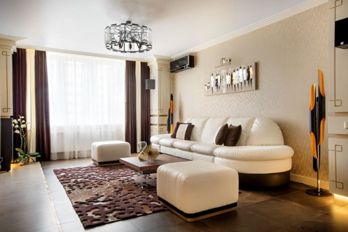 living room interior in brown and beige tones