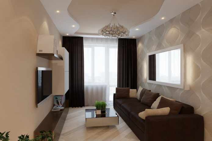 ceiling finish in the interior of the hall in beige shades