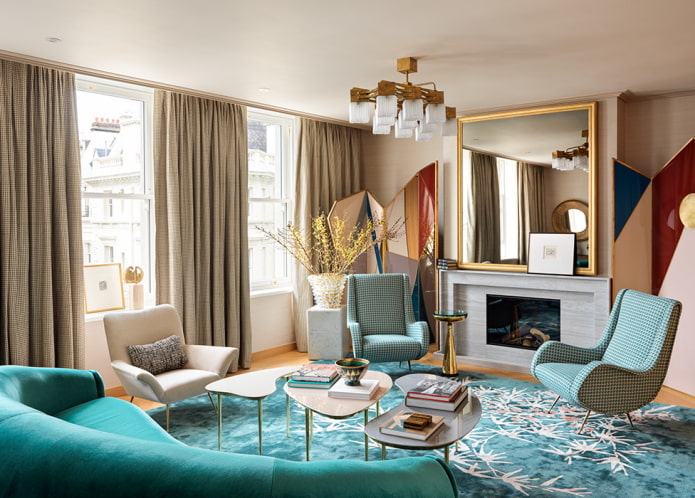 living room interior in turquoise and beige tones