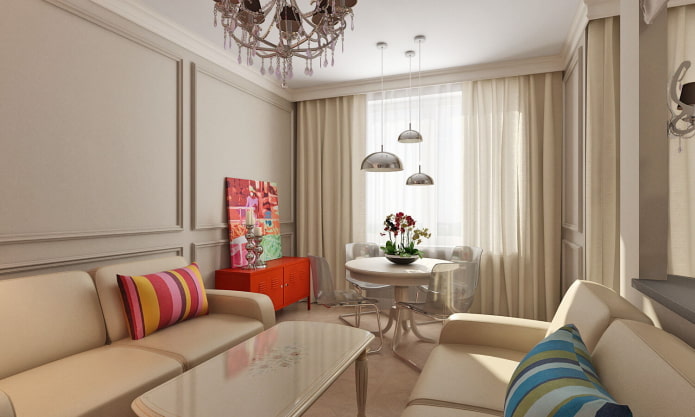 textiles in the interior of the hall in beige tones