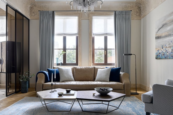living room interior in beige and blue tones