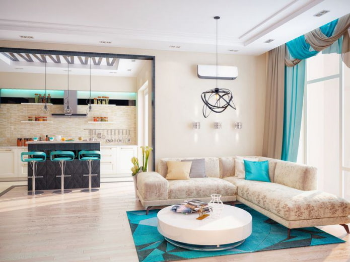 living room interior in turquoise and beige tones shades