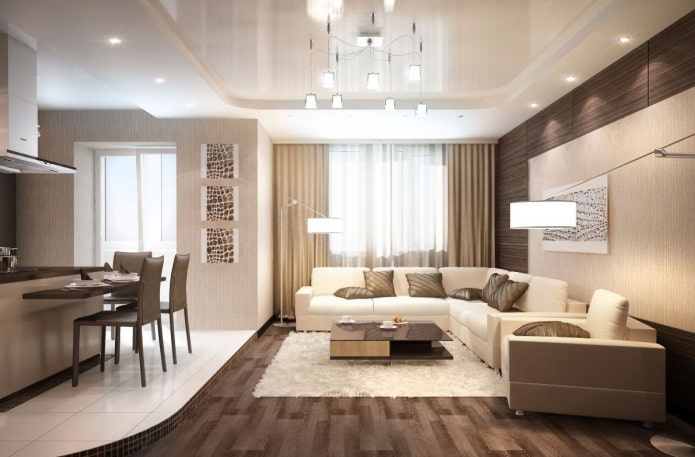 living room interior in brown and beige tones